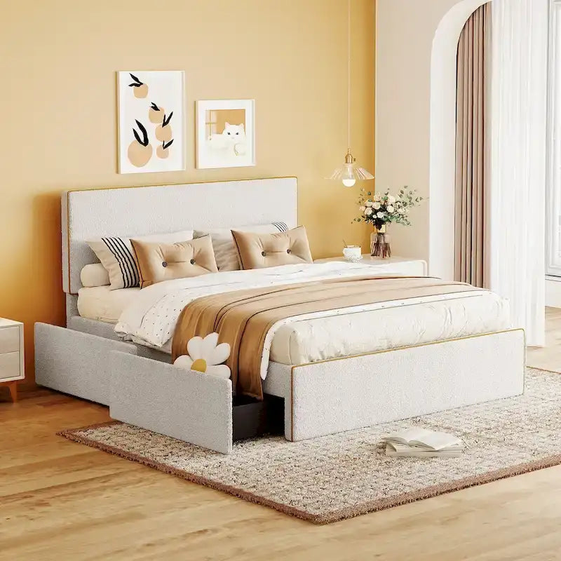 Letto a piattaforma imbottito bianco con 4 cassetti e testiera, una piazza e mezza, montaggio da 1 persona