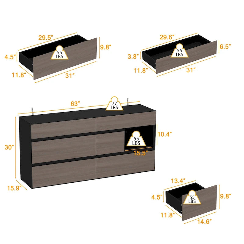 Cassettiera a 6 cassetti Grigio Legno / Nero con vano a giorno, montaggio singolo