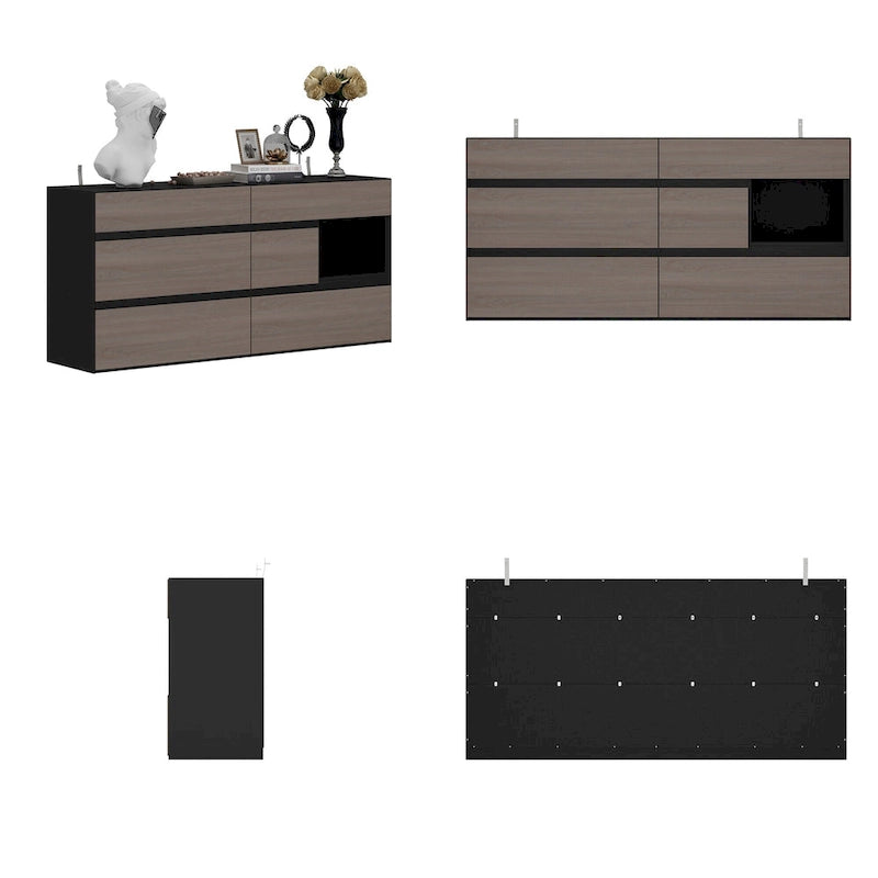 Cassettiera a 6 cassetti Grigio Legno / Nero con vano a giorno, montaggio singolo