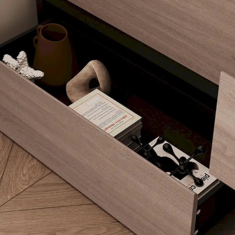 Cassettiera a 6 cassetti Grigio Legno / Nero con vano a giorno, montaggio singolo