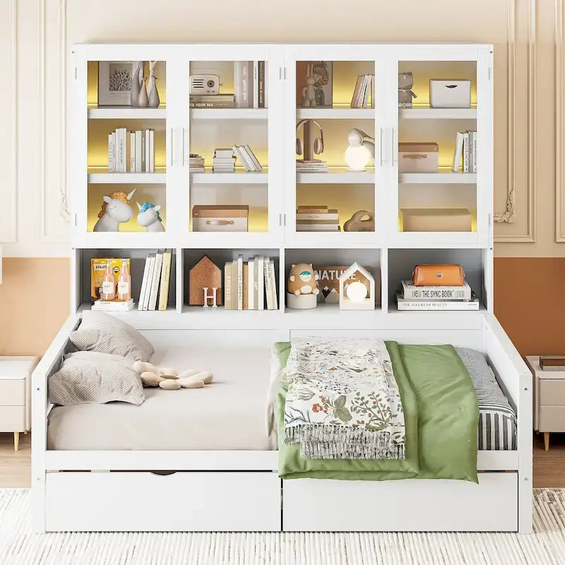 Letto divano con libreria e illuminazione a LED, 1 posto, singolo/una piazza e mezza, Bianco/Grigio