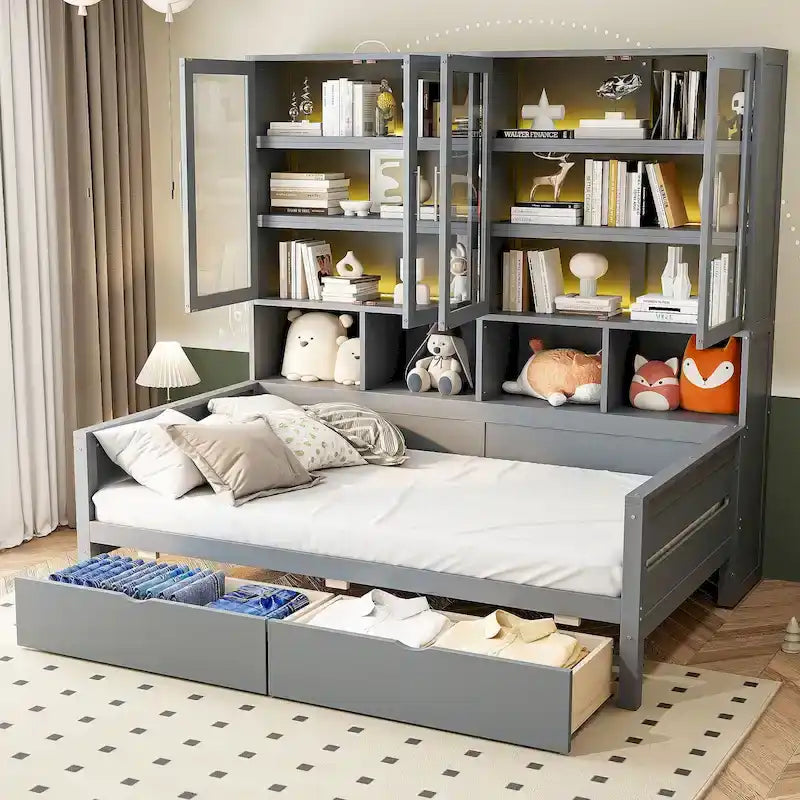 Letto divano con libreria e illuminazione a LED, 1 posto, singolo/una piazza e mezza, Bianco/Grigio