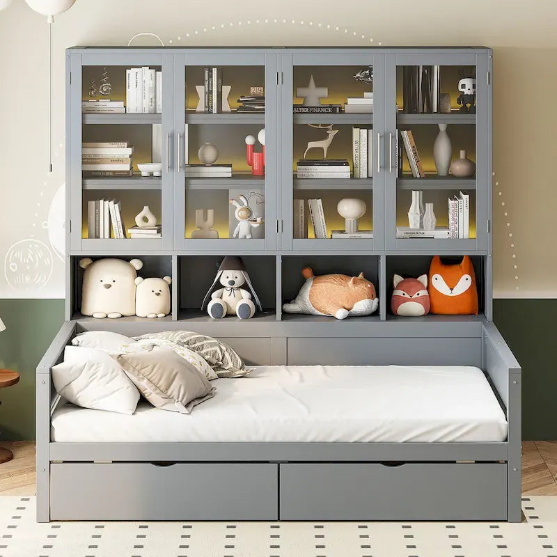 Letto divano con libreria e illuminazione a LED, 1 posto, singolo/una piazza e mezza, Bianco/Grigio