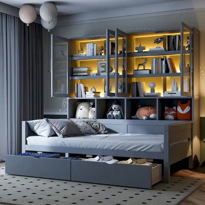 Letto divano con libreria e illuminazione a LED, 1 posto, singolo/una piazza e mezza, Bianco/Grigio