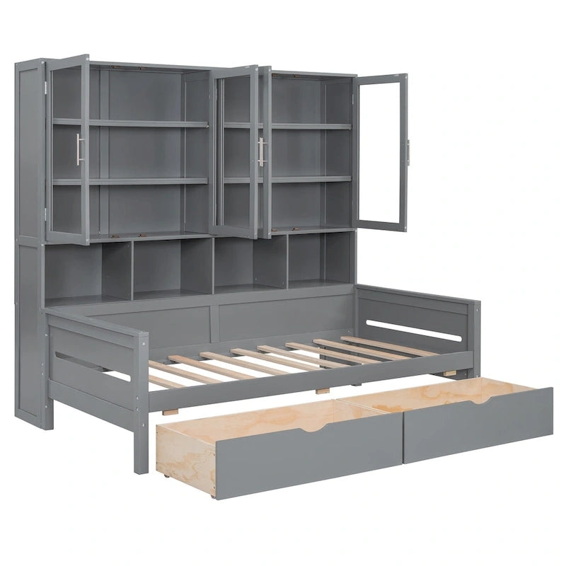 Letto divano con libreria e illuminazione a LED, 1 posto, singolo/una piazza e mezza, Bianco/Grigio