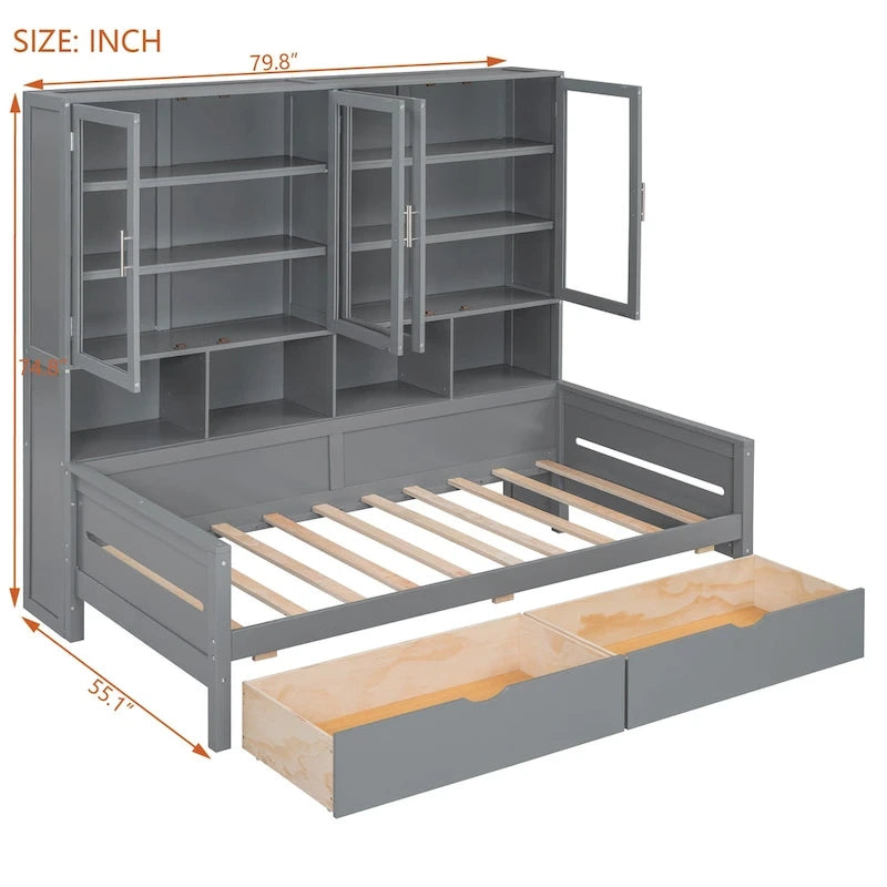 Letto divano con libreria e illuminazione a LED, 1 posto, singolo/una piazza e mezza, Bianco/Grigio