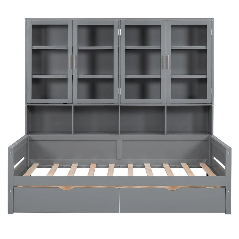 Letto divano con libreria e illuminazione a LED, 1 posto, singolo/una piazza e mezza, Bianco/Grigio