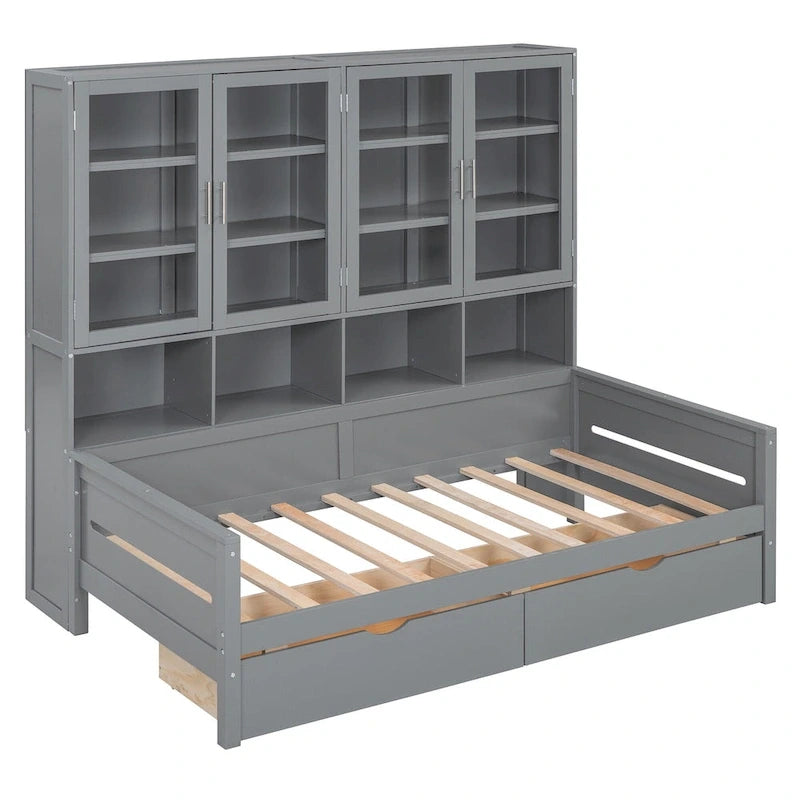 Letto divano con libreria e illuminazione a LED, 1 posto, singolo/una piazza e mezza, Bianco/Grigio