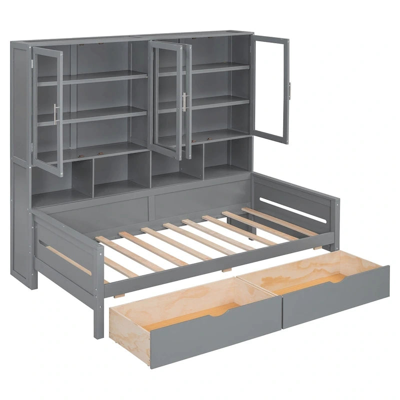 Letto divano con libreria e illuminazione a LED, 1 posto, singolo/una piazza e mezza, Bianco/Grigio
