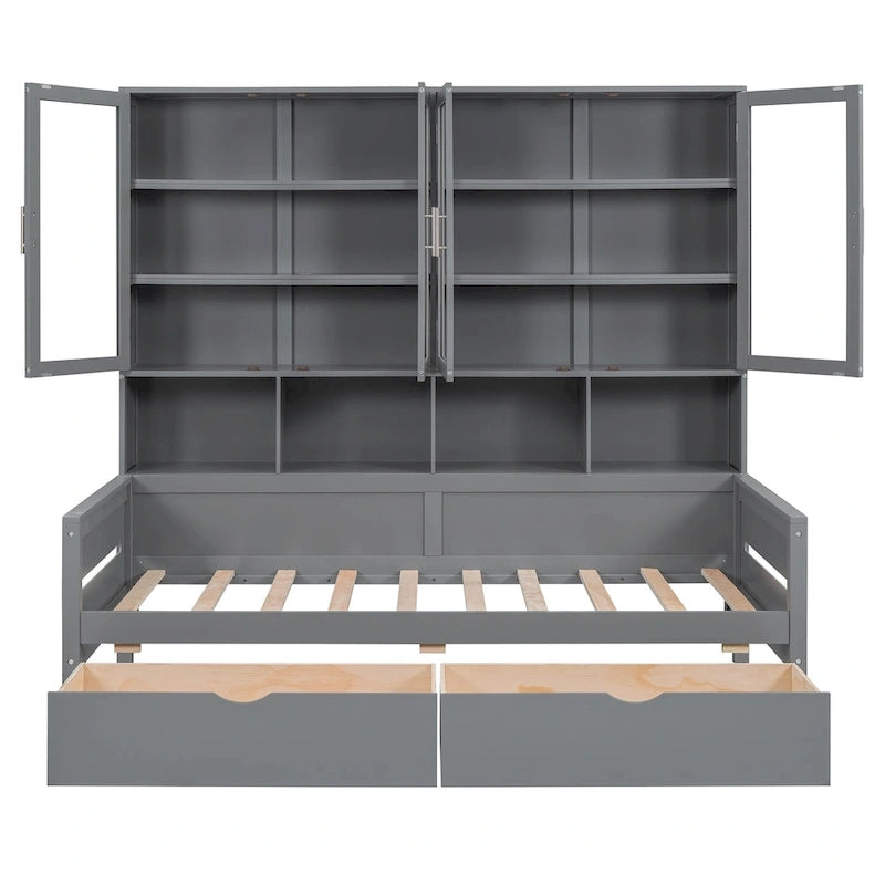 Letto divano con libreria e illuminazione a LED, 1 posto, singolo/una piazza e mezza, Bianco/Grigio