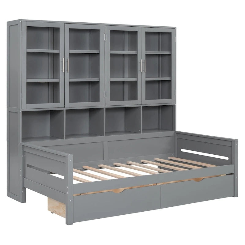 Letto divano con libreria e illuminazione a LED, 1 posto, singolo/una piazza e mezza, Bianco/Grigio