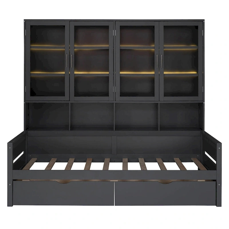 Letto divano con libreria e illuminazione a LED, 1 posto, singolo/una piazza e mezza, Bianco/Grigio