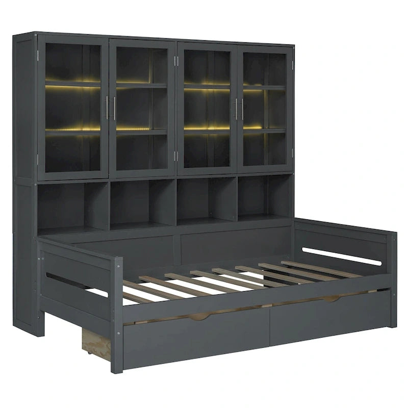 Letto divano con libreria e illuminazione a LED, 1 posto, singolo/una piazza e mezza, Bianco/Grigio