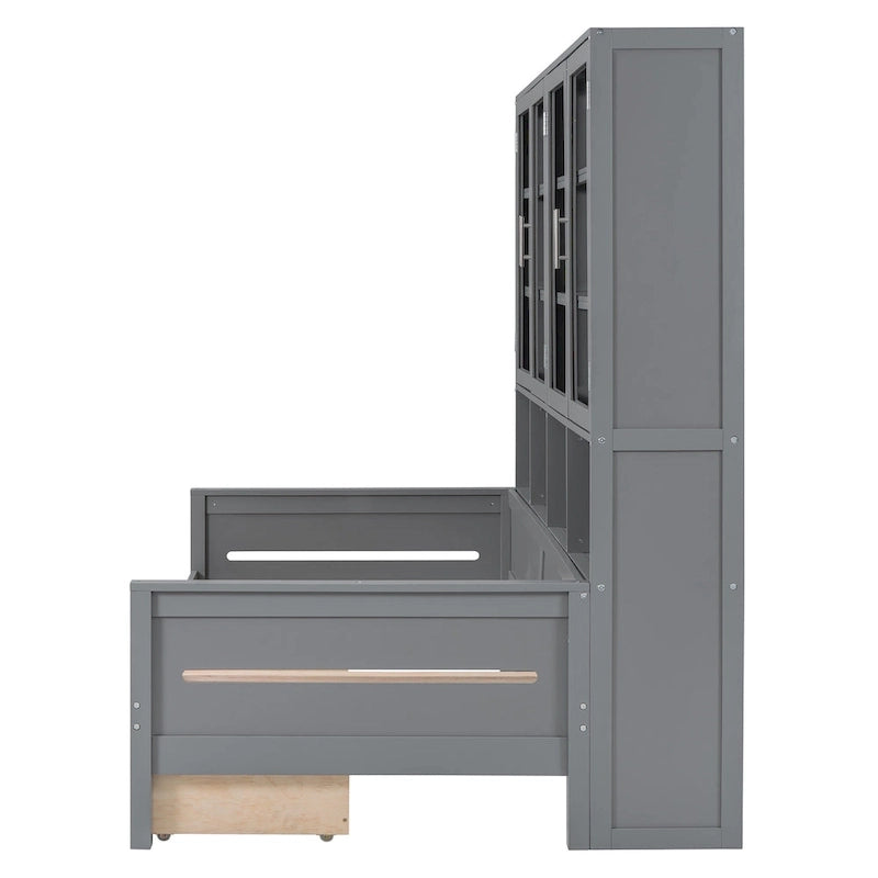 Letto divano con libreria e illuminazione a LED, 1 posto, singolo/una piazza e mezza, Bianco/Grigio