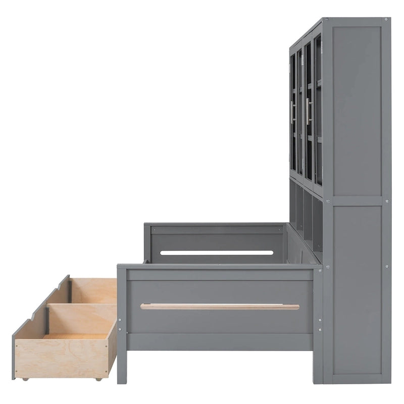 Letto divano con libreria e illuminazione a LED, 1 posto, singolo/una piazza e mezza, Bianco/Grigio