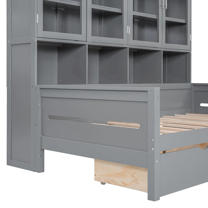 Letto divano con libreria e illuminazione a LED, 1 posto, singolo/una piazza e mezza, Bianco/Grigio
