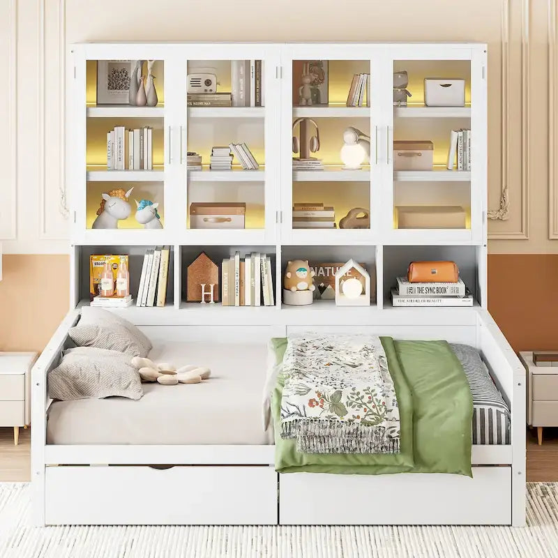 Letto divano con libreria e illuminazione a LED, 1 posto, singolo/una piazza e mezza, Bianco/Grigio