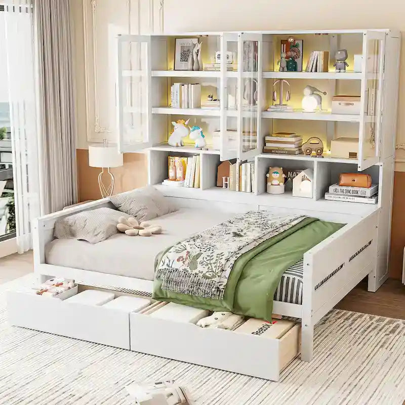 Letto divano con libreria e illuminazione a LED, 1 posto, singolo/una piazza e mezza, Bianco/Grigio