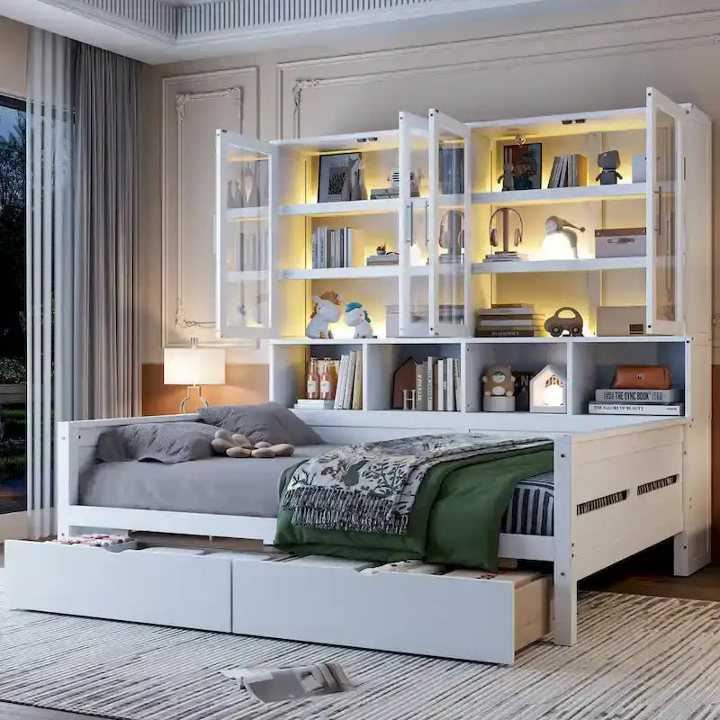 Letto divano con libreria e illuminazione a LED, 1 posto, singolo/una piazza e mezza, Bianco/Grigio