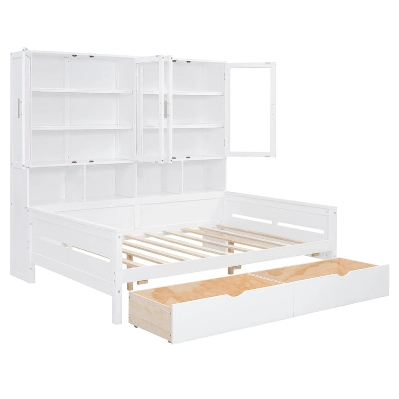 Letto divano con libreria e illuminazione a LED, 1 posto, singolo/una piazza e mezza, Bianco/Grigio