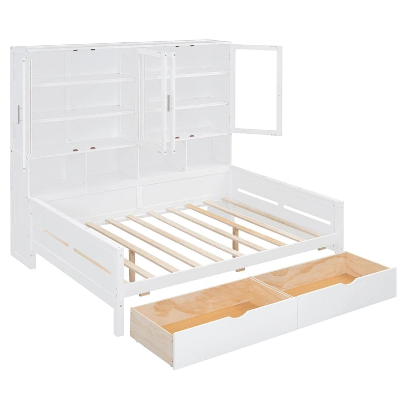 Letto divano con libreria e illuminazione a LED, 1 posto, singolo/una piazza e mezza, Bianco/Grigio