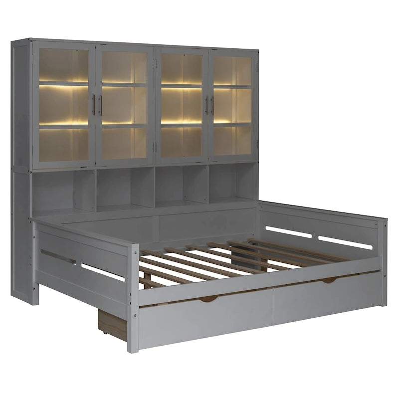 Letto divano con libreria e illuminazione a LED, 1 posto, singolo/una piazza e mezza, Bianco/Grigio