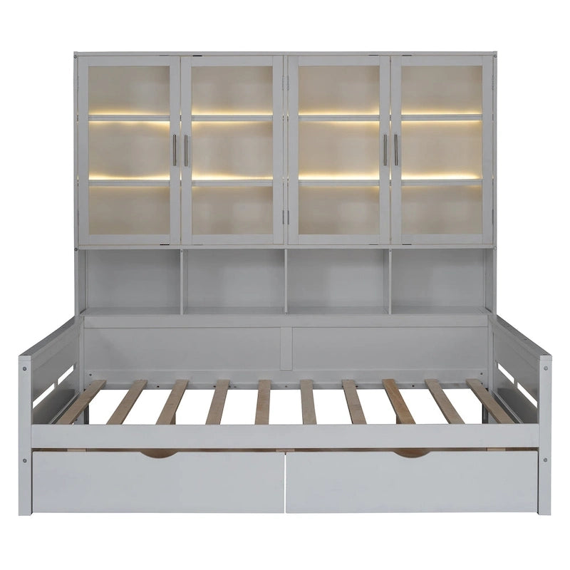 Letto divano con libreria e illuminazione a LED, 1 posto, singolo/una piazza e mezza, Bianco/Grigio