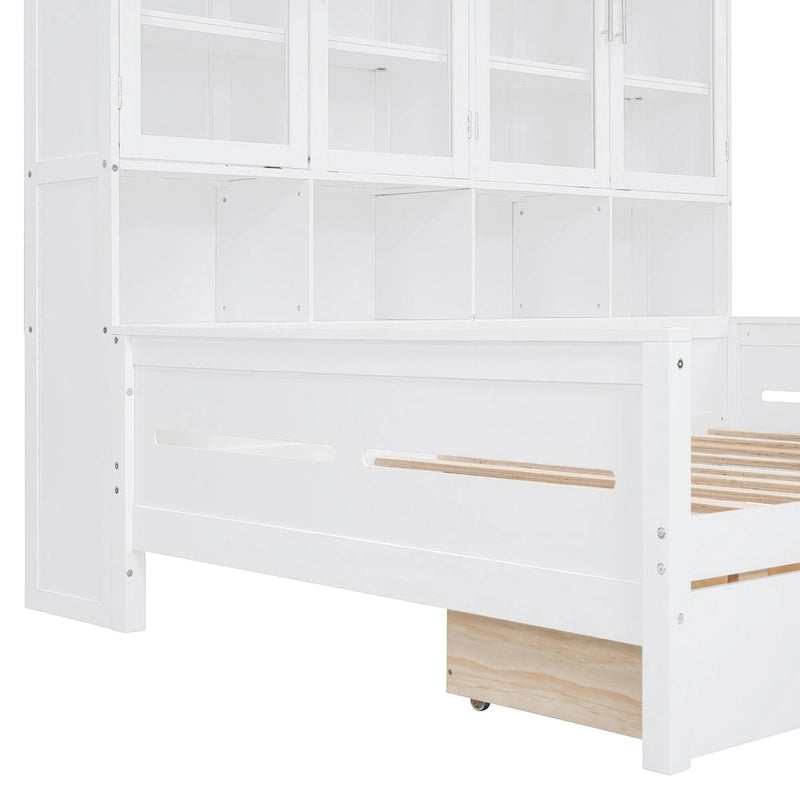 Letto divano con libreria e illuminazione a LED, 1 posto, singolo/una piazza e mezza, Bianco/Grigio