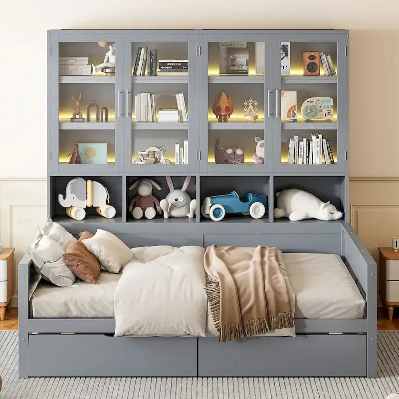 Letto divano con libreria e illuminazione a LED, 1 posto, singolo/una piazza e mezza, Bianco/Grigio