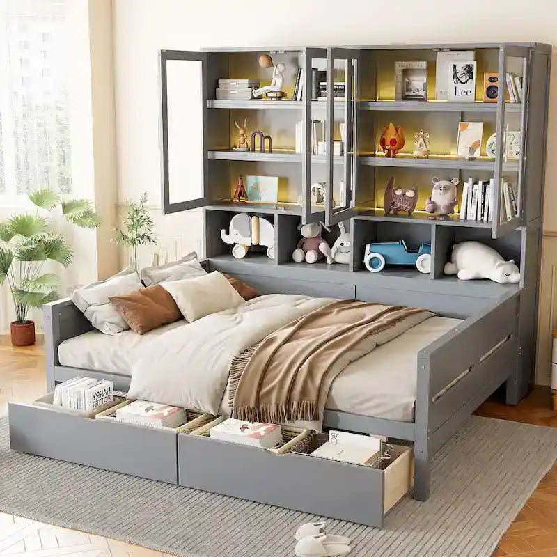 Letto divano con libreria e illuminazione a LED, 1 posto, singolo/una piazza e mezza, Bianco/Grigio