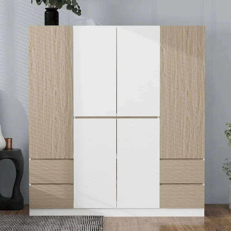 Armadio a 6 ante in legno con cassetti, bianco e naturale / nero e naturale, 1 persona