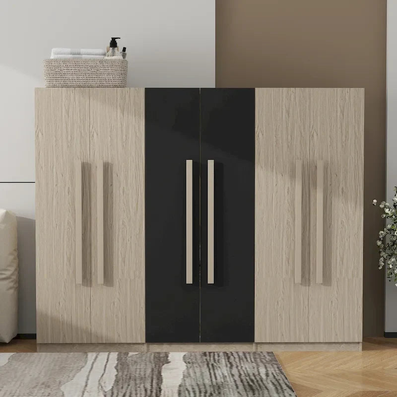 Armadio a 6 ante in legno con cassetti, bianco e naturale / nero e naturale, 1 persona