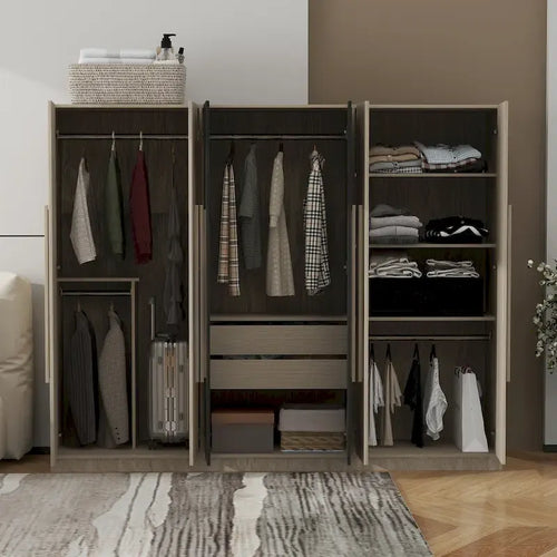 Armadio a 6 ante in legno con cassetti, bianco e naturale / nero e naturale, 1 persona