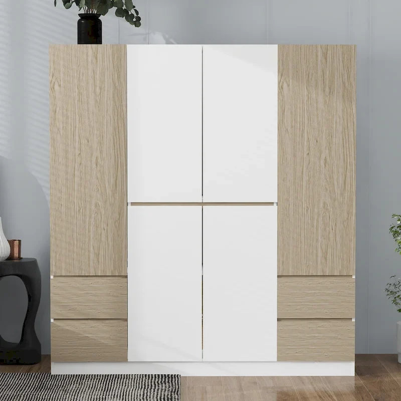 Armadio a 6 ante in legno con cassetti, bianco e naturale / nero e naturale, 1 persona
