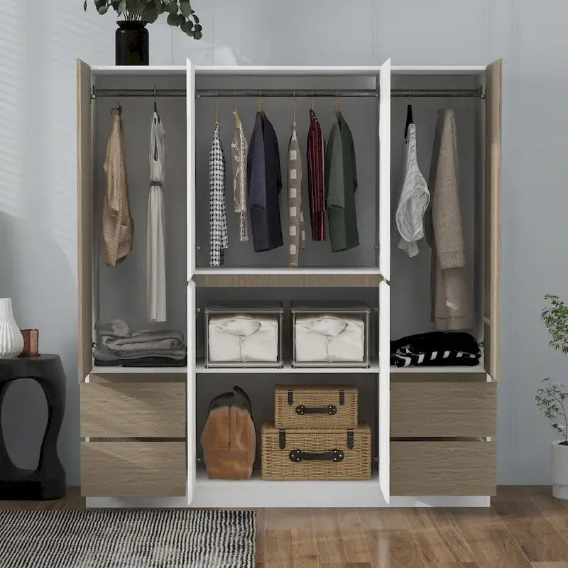 Armadio a 6 ante in legno con cassetti, bianco e naturale / nero e naturale, 1 persona