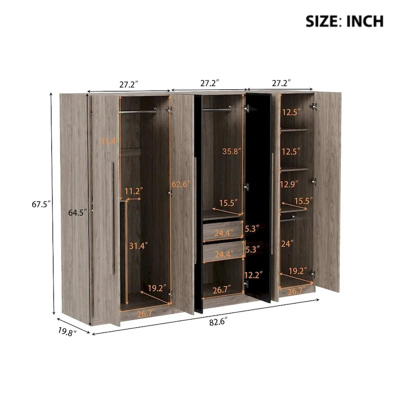 Armadio a 6 ante in legno con cassetti, bianco e naturale / nero e naturale, 1 persona