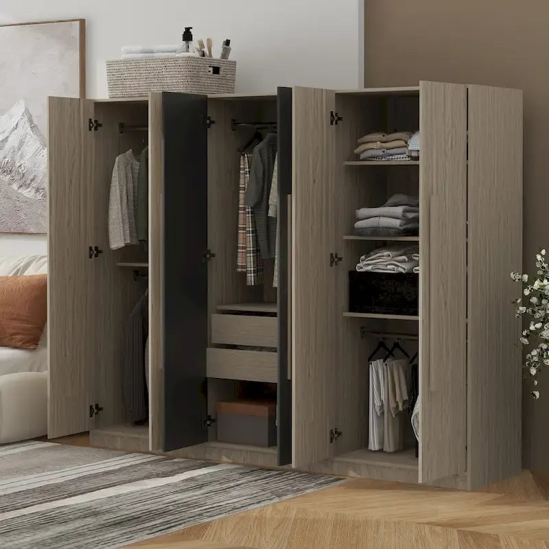 Armadio a 6 ante in legno con cassetti, bianco e naturale / nero e naturale, 1 persona