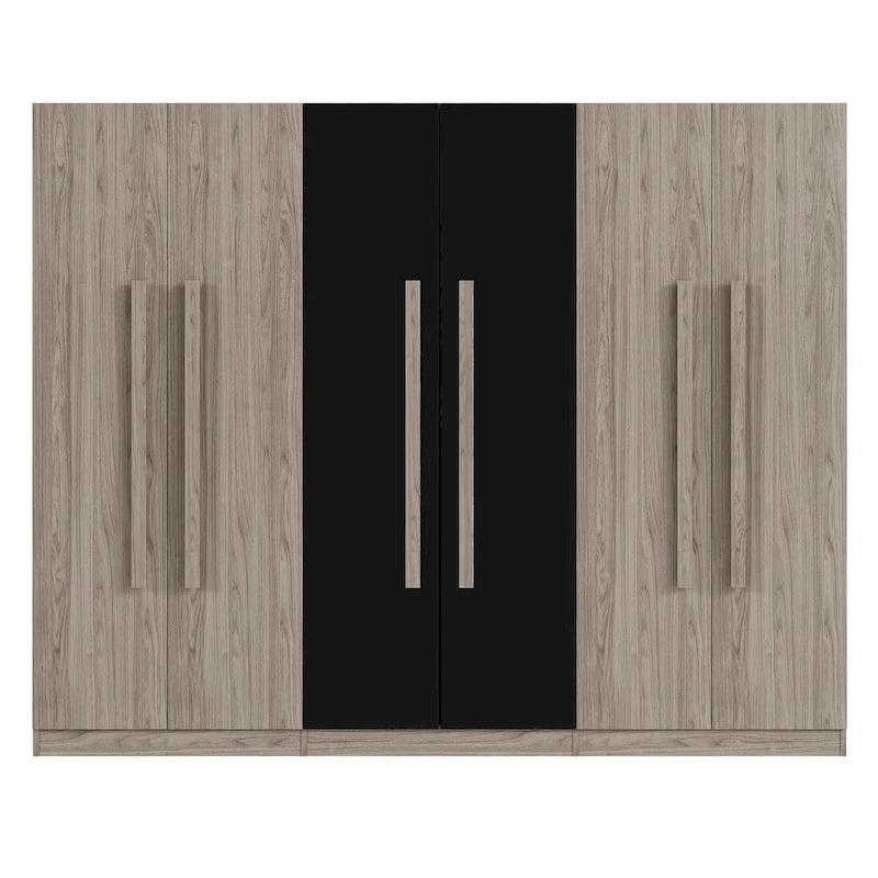 Armadio a 6 ante in legno con cassetti, bianco e naturale / nero e naturale, 1 persona