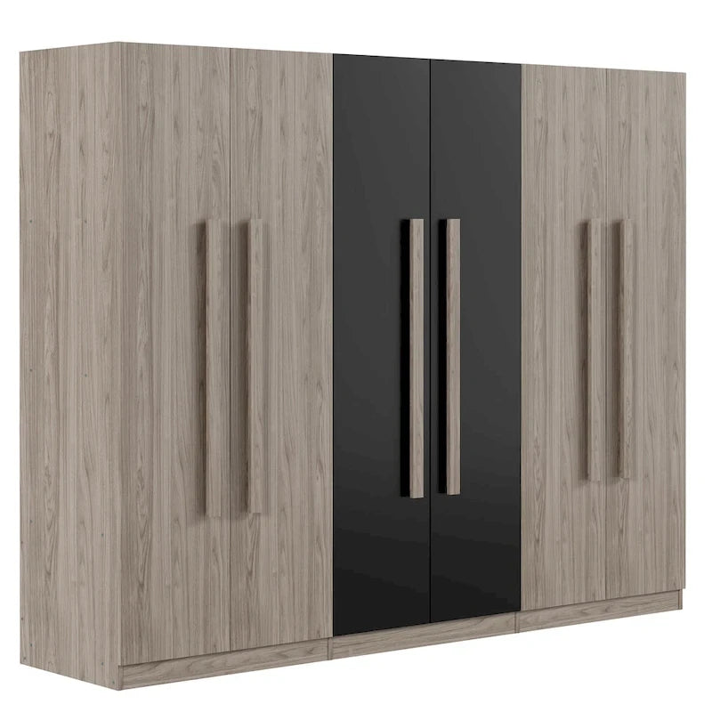 Armadio a 6 ante in legno con cassetti, bianco e naturale / nero e naturale, 1 persona