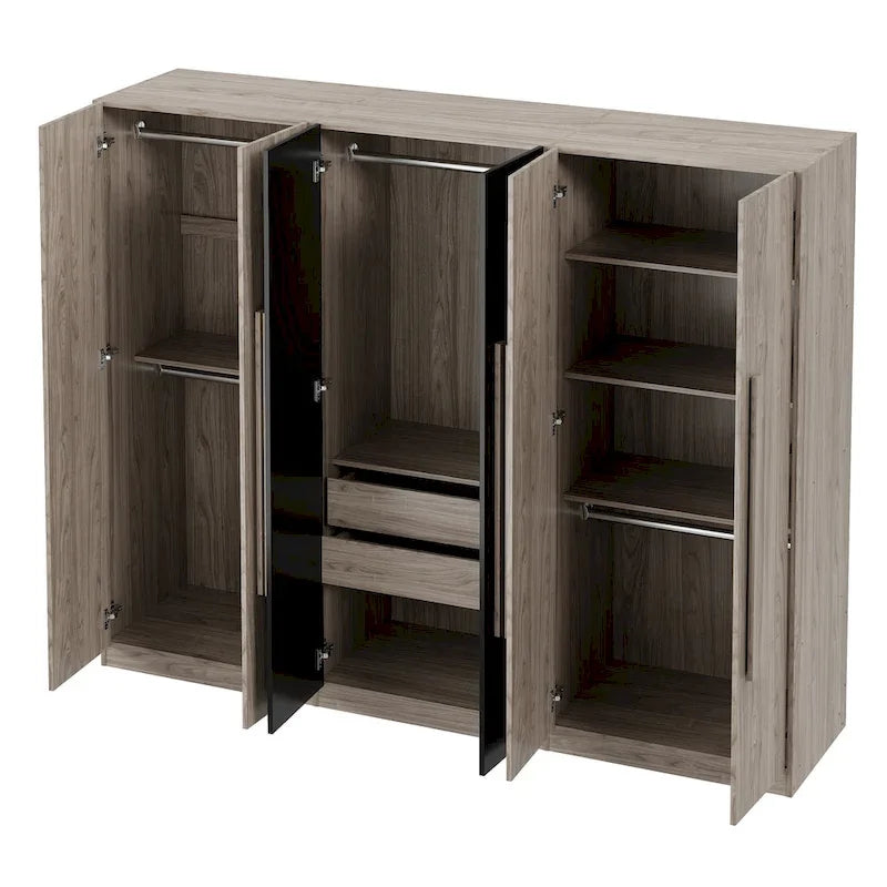 Armadio a 6 ante in legno con cassetti, bianco e naturale / nero e naturale, 1 persona