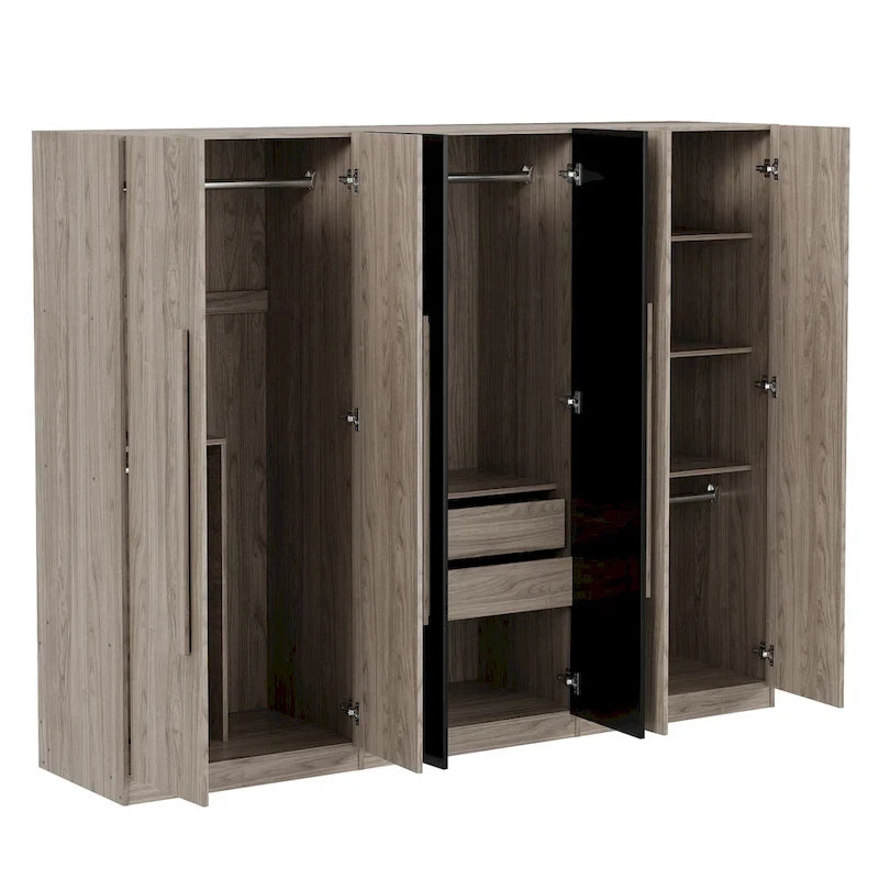 Armadio a 6 ante in legno con cassetti, bianco e naturale / nero e naturale, 1 persona