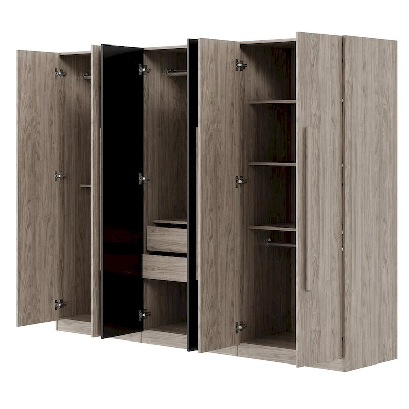 Armadio a 6 ante in legno con cassetti, bianco e naturale / nero e naturale, 1 persona