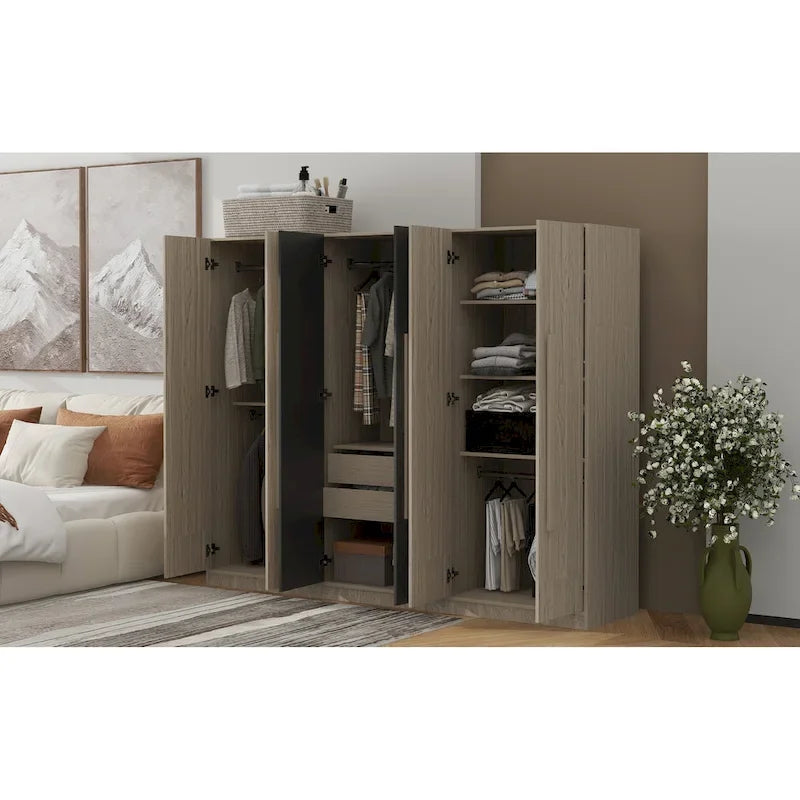 Armadio a 6 ante in legno con cassetti, bianco e naturale / nero e naturale, 1 persona