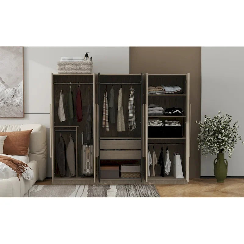 Armadio a 6 ante in legno con cassetti, bianco e naturale / nero e naturale, 1 persona