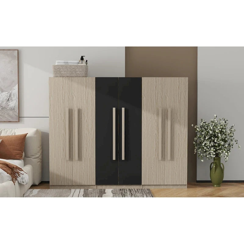 Armadio a 6 ante in legno con cassetti, bianco e naturale / nero e naturale, 1 persona