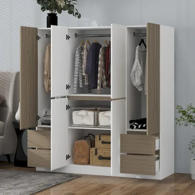 Armadio a 6 ante in legno con cassetti, bianco e naturale / nero e naturale, 1 persona