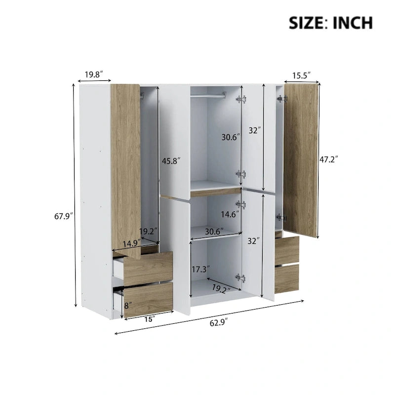 Armadio a 6 ante in legno con cassetti, bianco e naturale / nero e naturale, 1 persona