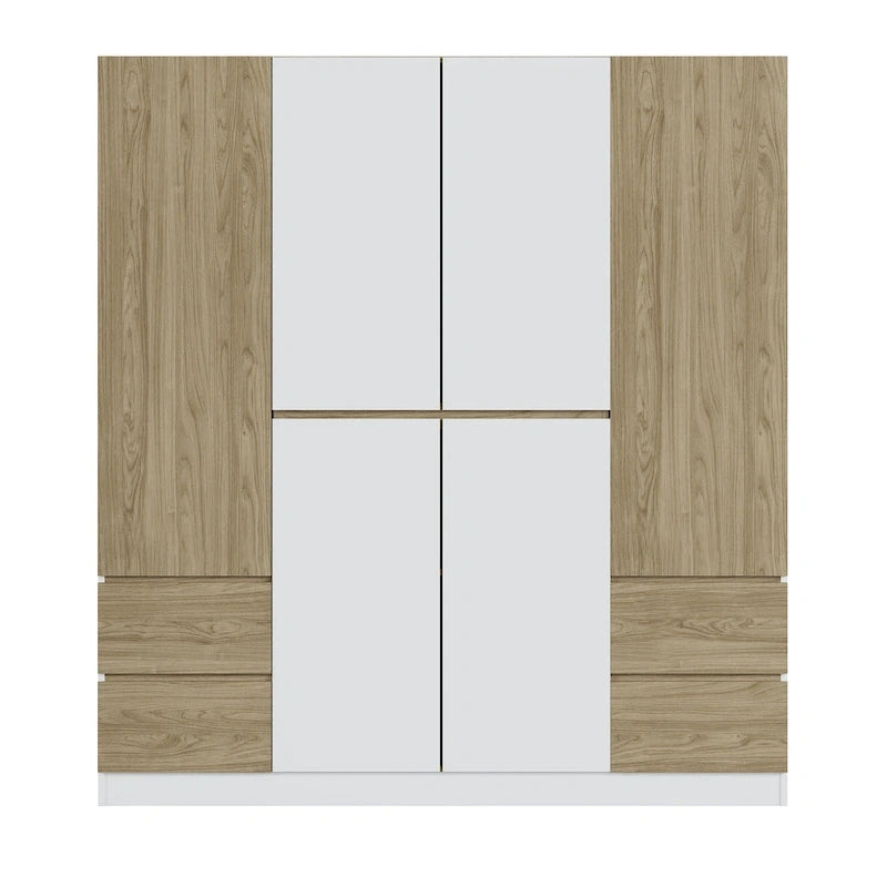 Armadio a 6 ante in legno con cassetti, bianco e naturale / nero e naturale, 1 persona