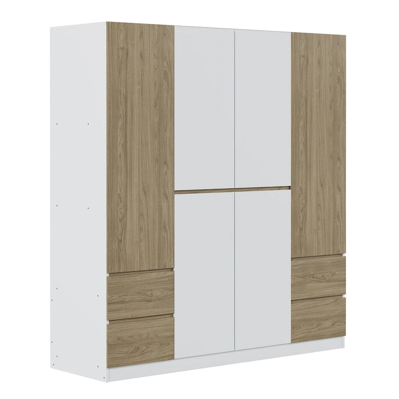 Armadio a 6 ante in legno con cassetti, bianco e naturale / nero e naturale, 1 persona