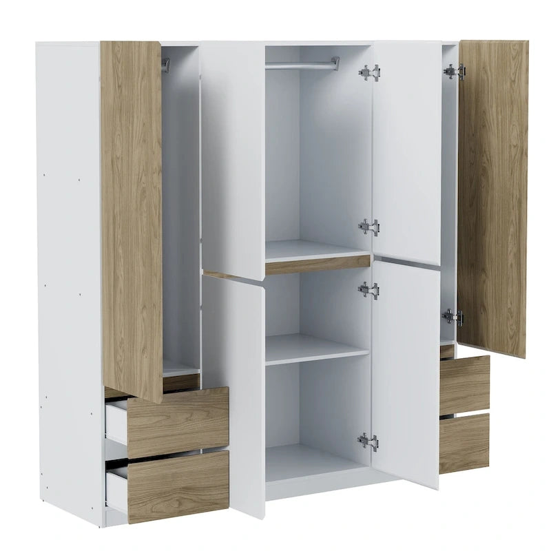 Armadio a 6 ante in legno con cassetti, bianco e naturale / nero e naturale, 1 persona